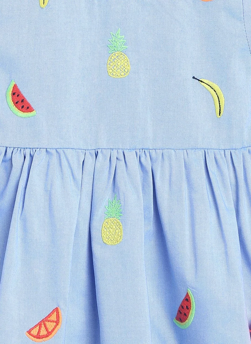 Nautinati  Girls' 100% Cotton Pineapple, Watermelon, Banana & Carrot Embroidery Fit & Flare Dress with Pom-pom Details & Double Pocket for Women | Best Price UAE